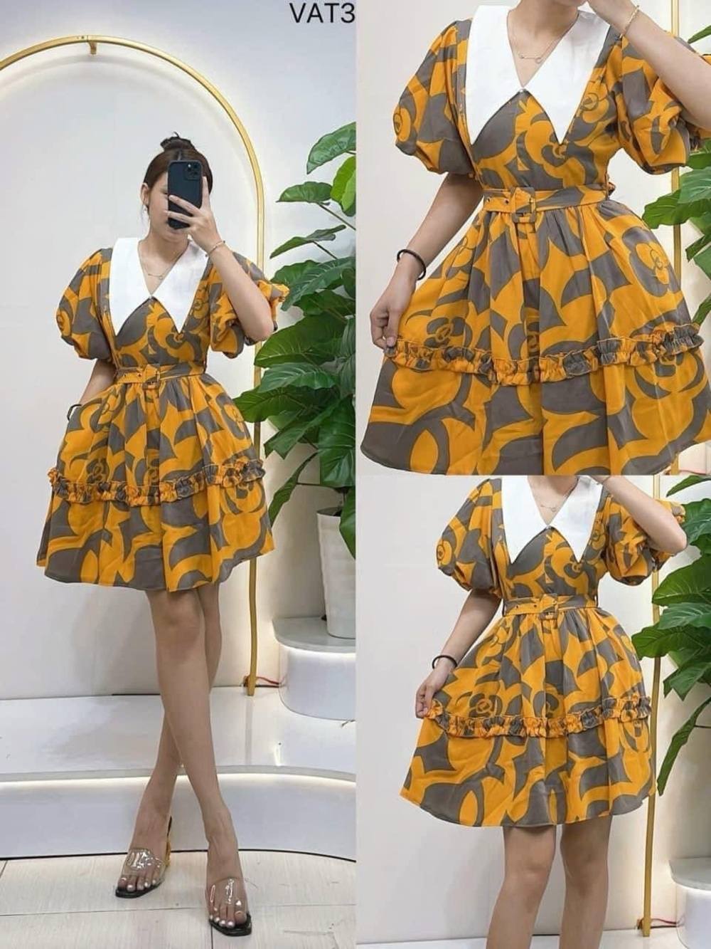 Yellow and Gray Puff-Sleeve Midi Dress with White Collar